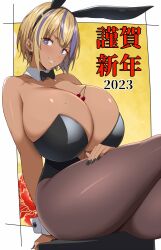 1girl between_breasts blonde_hair blush bow bowtie breasts cherry cleavage dark-skinned_female dark_skin food fruit highres huge_breasts kloah leotard mole mole_on_breast multicolored_hair nail_polish pantyhose playboy_bunny purple_hair rabbit_ears shinokami_xatiii smile solo two-tone_hair wrist_cuffs