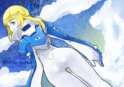 10s 1girl ashuho back bad_id bad_pixiv_id blonde_hair blue_eyes bow cloud eureka_seven_(series) eureka_seven_ao female_focus fleur_blanc hair_bow looking_back pilot_suit sky solo