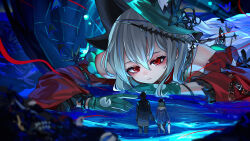 1boy 1girl 1other absurdres aqua_gloves aqua_hat arknights beret blue_hair blurry depth_of_field detached_sleeves doctor_(arknights) from_behind gloves hat highres hood hooded_jacket jacket kourou_(kouroukun) long_hair mizuki_(arknights) partially_submerged red_eyes red_sleeves size_difference skadi_(arknights) skadi_the_corrupting_heart_(arknights) umbrella water white_hair