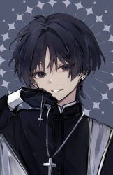 Rule 34 | 1boy, alternate costume, black eyes, black hair, black robe, black sleeves, blunt ends, cassock, clerical collar, cross, cross earrings, cross necklace, earrings, eyeliner, eyeshadow, genshin impact, gimmunyag, grey background, hair intakes, halo, hand up, highres, jewelry, layered sleeves, long sleeves, looking at viewer, makeup, male focus, necklace, open hand, open mouth, portrait, priest, red eyeliner, red eyeshadow, robe, scaramouche (genshin impact), silver necklace, smile, solo, tsurime, white halo, white mouth, white sleeves, wispy bangs