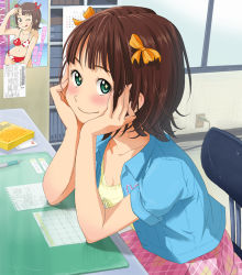 Rule 34 | 00s, 1girl, amami haruka, bikini, blush, brown hair, chair, desk, female focus, green eyes, hair ribbon, head rest, idolmaster, idolmaster (classic), licking lips, ribbon, sitting, smile, solo, swimsuit, tongue, tongue out, yachiwo, yasuchiki