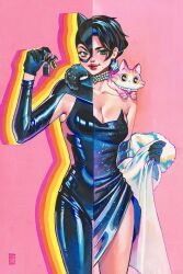 1girl :&lt; absurdres animal animal_on_shoulder batarang batman_symbol black_hair breasts cat catwoman cleavage collarbone comic_cover cowboy_shot dc_comics dress gloves green_eyes highres holding jewelry key large_breasts looking_at_viewer mole mole_under_mouth necklace official_art pink_background rian_gonzales selina_kyle short_hair simple_background skin_tight solo split_theme strapless strapless_dress superhero_costume textless_version thigh_gap traditional_media