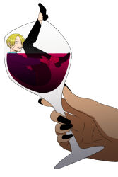 Rule 34 | 1boy, 1girl, alcohol, black nails, blonde hair, cup, dark-skinned female, dark skin, drinking glass, formal clothes, highres, mini person, nico robin, one piece, p5naq pv, pov, pov hands, sanji (one piece), simple background, suit, white background, wine, wine glass