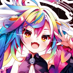 1girl bare_shoulders breasts cleavage glowing glowing_eyes happy indie_virtual_youtuber jewelry long_hair looking_at_viewer miro_ochite multicolored_hair open_mouth peace_symbol rainbow_hair red_eyes sharp_teeth source_request teeth upper_body vtuber_fanart
