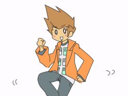 ace_attorney animated animated_gif blush brown_hair dancing denim jacket jeans larry_butz looping_animation meme non-web_source pants parody shirt spiked_hair white_background white_shirt