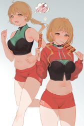1girl absurdres bare_arms bare_shoulders bell blonde_hair blush crop_top eating food highres holding holding_food jogging long_hair long_sleeves looking_ahead low_twintails multiple_views myabit navel open_mouth orange_shorts orange_shrug original ponytail puffy_long_sleeves puffy_sleeves shorts spoken_food sweat twintails