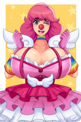 Rule 34 | absurdres, ace attorney, breasts, choker, cleavage, clown, clown girl, dress, geiru toneido, gloves, highres, huge breasts, makeup, one eye closed, pink dress, pink hair, short dress, short hair, sonson-sensei, wink