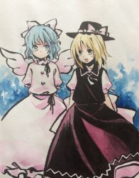 Rule 34 | 2girls, arms behind back, black headwear, black ribbon, black skirt, black vest, blonde hair, blue eyes, blue hair, bow, closed mouth, collared vest, commentary request, flat chest, frilled skirt, frilled sleeves, frills, hair ribbon, hat, hat bow, highres, kaigen 1025, mai (touhou), multiple girls, neck ribbon, open mouth, painting (medium), puffy short sleeves, puffy sleeves, ribbon, shirt, short hair, short sleeves, skirt, smile, touhou, touhou (pc-98), traditional media, vest, watercolor (medium), wavy hair, white bow, white ribbon, white shirt, white skirt, white wings, wings, yellow eyes, yuki (touhou)