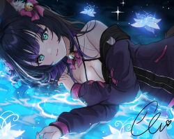 Rule 34 | 1girl, :3, animal ear fluff, animal ears, aqua eyes, bare shoulders, bell, black choker, black hair, blue flower, blush, bow, breasts, cat ears, cat girl, choker, cleavage, closed mouth, collarbone, commentary, criss-cross halter, ella 7737, english commentary, flower, glowing flower, hair bell, hair bow, hair ornament, halterneck, hand up, haruthewiseneko, highres, indie virtual youtuber, jacket, large breasts, long sleeves, looking at viewer, lying, lying on water, medium hair, multicolored hair, neck bell, on side, on water, pink bow, purple hair, purple jacket, signature, smile, solo, two-tone hair, virtual youtuber, water, zipper