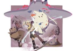 1girl :d black_eyes blonde_hair blue_eyes border creatures_(company) dark-skinned_female dark_skin egg feathers flying full_body game_freak gen_2_pokemon gen_4_pokemon heterochromia highres holding holding_poke_ball holding_pokemon jacket looking_at_another looking_at_viewer mismatched_socks multiple_views nintendo open_mouth poke_ball pokemon pokemon_(creature) pokemon_egg purple_background red_eyes robinlovesop shoes shorts side_ponytail simple_background smile standing togekiss togepi white_border white_feathers white_shoes white_shorts yellow_jacket