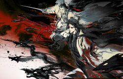 Rule 34 | 2boys, black hair, black smoke, blood, blood on clothes, bloody weapon, chinese clothes, closed mouth, colored smoke, creature, energy, facial mark, faux traditional media, fighting stance, floating clothes, floating hair, forehead mark, green eyes, hanfu, highres, holding, holding sword, holding weapon, ink wash painting, kcllzas163, light particles, limited palette, long hair, luo binghe, male focus, multiple boys, red eyes, renzha fanpai zijiu xitong, ribboned xiao guan, robe, shen qingqiu, smoke, spot color, sword, third-party source, very long hair, watercolor effect, weapon, wide sleeves, xiao guan (headdress)