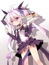 1girl ahoge bare_shoulders bat_wings blush bow breasts cake cleavage demon_girl demon_tail detached_sleeves female_focus food from_below fruit heart highres horns mofetousu_furuna necktie original panties pantyshot pleated_skirt purple_eyes saru shadow skirt small_breasts solo square-end_necktie standing strawberry tail twintails underwear upskirt white_hair white_panties wings