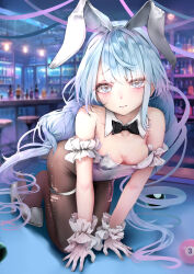 1girl absurdres all_fours azur_lane bar_(place) bare_shoulders bent_over blue_eyes blue_hair blush breasts cleavage detached_collar full_body gloves high_heels highres indoors janus_(a_lesson_in_billiards)_(azur_lane) janus_(azur_lane) kneeling kurohane_osamu leotard light_smile long_hair nervous_smile official_alternate_costume on_table pantyhose playboy_bunny pool_table small_breasts smile solo strapless strapless_leotard table torn_clothes torn_pantyhose very_long_hair white_gloves white_leotard