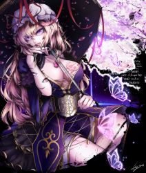 Rule 34 | 1girl, alternate costume, blonde hair, breast tattoo, breasts, bug, butterfly, cleavage, cygni, extra eyes, female focus, fur, hat, hat ribbon, insect, jewelry, koumajou densetsu, koumajou densetsu 2, large breasts, looking at viewer, mob cap, nail polish, pendant, purple eyes, red ribbon, ribbon, sitting, solo, tattoo, text focus, touhou, yakumo yukari