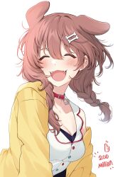 14_(vision5032) 1girl :3 :d absurdres animal_collar animal_ears blush bone_hair_ornament braid brown_hair closed_eyes collar commentary_request dog_ears dog_girl dress extra_ears fangs floating_hair hair_ornament highres hololive inugami_korone inugami_korone_(1st_costume) jacket milestone_celebration open_clothes open_jacket open_mouth red_collar single_off_shoulder sleeveless sleeveless_dress smile twin_braids virtual_youtuber white_background white_dress yellow_jacket