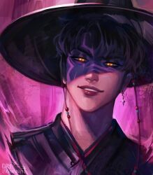1boy black_hair black_hanbok colored_skin crybanana77 earrings facial_tattoo gat_(hat) gatkkeun hanbok hat highres jewelry jinu_(kpop_demon_hunters) korean_clothes korean_traditional_hat kpop_demon_hunters male_focus multicolored_skin nose orange_pupils parted_lips portrait purple_background purple_skin short_hair slit_pupils solo tattoo teeth yellow_eyes