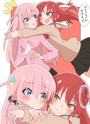 2girls arms_around_neck black_skirt blue_eyes blush bocchi_the_rock! cube_hair_ornament dokusai_113 gotoh_hitori hair_ornament hand_on_another&#039;s_cheek hand_on_another&#039;s_face highres hug jacket kita_ikuyo long_hair multiple_girls open_mouth pink_hair pink_jacket pink_track_suit red_background red_hair school_uniform shuka_high_school_uniform side_ahoge side_ponytail simple_background skirt smile surprise_hug sweat track_jacket track_suit translation_request two-tone_background white_background yellow_eyes yuri