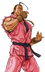 1boy ahoge bare_shoulders black_hair black_undershirt brown_hair capcom_vs_snk_2 clenched_teeth dougi fingerless_gloves from_below game_cg gloves hibiki_dan highres looking_down male_focus martial_arts_belt mma_gloves muscular muscular_male nishimura_kinu non-web_source official_art ponytail simple_background sleeveless solo street_fighter teeth torn_clothes torn_sleeves undershirt v-shaped_eyebrows veins veiny_arms