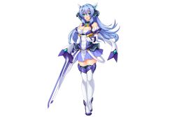 1girl aqua_eyes armlet bare_shoulders blue_dress blue_gemstone blue_hair blue_skirt breasts cleavage cleavage_cutout clothing_cutout dress elbow_gloves exs-tia flower_knight_girl gem gloves hair_intakes headgear holding holding_sword holding_weapon jewelry katsuragi_marina kouyoku_senki_exs-tia large_breasts long_hair magical_girl open_mouth pleated_skirt simple_background skirt smile solo standing straight_hair sword tachi-e thighhighs weapon white_background white_footwear white_gloves zettai_ryouiki
