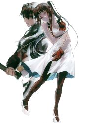 Rule 34 | 1boy, 1girl, ashashio, black hair, black pantyhose, blunt ends, dress, father and daughter, full body, gloves, green eyes, hand on own shoulder, highres, holding, holding sword, holding weapon, long hair, minato hikaru, minato kageaki, pantyhose, parted lips, ponytail, red gloves, shoes, short hair, sidelocks, simple background, sleeveless, sleeveless dress, soukou akki muramasa, sword, upper body, weapon, white background, white dress, white shoes
