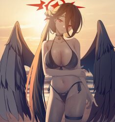 1girl absurdres arm_under_breasts bare_shoulders beach bell bikini black_bikini black_hair black_wings blue_archive breasts collarbone commentary_request halo hasumi_(blue_archive) hasumi_(swimsuit)_(blue_archive) highres large_breasts long_hair looking_at_viewer navel neck_bell ocean official_alternate_costume outdoors red_eyes red_halo side-tie_bikini_bottom solo stomach sunset swimsuit taeman thighs very_long_hair wings