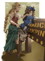 2girls animal_ears aqua_hairband bare_shoulders blonde_hair blonney blue_hat blue_shirt boots braid breasts brown_boots brown_corset commission corset deer_ears deer_girl full_body green_eyes green_skirt grey_background gun hairband hand_on_another&#039;s_shoulder handgun hat highres holding holding_gun holding_weapon jessica_(reverse:1999) jessica_(voyage_from_your_bed)_(reverse:1999) large_breasts layered_sleeves long_braid long_skirt long_sleeves looking_at_another looking_to_the_side multiple_girls off-shoulder_shirt off_shoulder official_alternate_costume profile purple_eyes reverse:1999 revolver shirt short_over_long_sleeves short_sleeves shorts sign single_braid skirt smile standing watermark weapon white_shirt white_shorts yutzyn_13