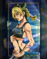 Rule 34 | 1girl, blonde hair, breasts, bun with braided base, butterfly tattoo, collarbone, cone hair bun, crop top, double bun, eyeshadow, fingernails, genda art, green eyes, green eyeshadow, green hair, green lips, green nails, hair bun, highres, jojo no kimyou na bouken, kuujou jolyne, lipstick, makeup, midriff, multicolored hair, navel piercing, piercing, solo, spider web print, star (symbol), stone ocean, tattoo, two-tone hair
