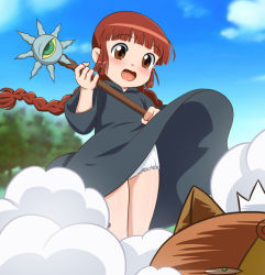 Rule 34 | 1girl, blue sky, blush, braid, brown hair, clothes lift, cloud, day, dress, dress lift, flat chest, goldmondsel, holding, kukuri (mahoujin guruguru), long hair, long sleeves, looking down, mahoujin guruguru, open mouth, outdoors, panties, pantyshot, sky, solo focus, staff, standing, twin braids, underwear, white panties, wind, wind lift