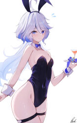 1girl absurdres ahoge alternate_costume animal_ears bare_shoulders black_leotard blue_bow blue_bowtie blue_eyes blue_hair blush bow bowtie breasts closed_mouth cocktail_glass covered_navel cup detached_collar drinking_glass fake_animal_ears furina_(genshin_impact) genshin_impact hair_between_eyes heterochromia highleg highleg_leotard highres holding holding_tray leotard long_hair looking_at_viewer looking_to_the_side multicolored_hair pisuke_(user_kcmh2774) playboy_bunny rabbit_ears signature simple_background skindentation small_breasts solo strapless strapless_leotard streaked_hair thigh_strap thighs tray two-tone_hair white_background white_hair wristband