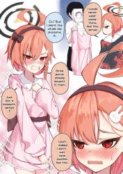 1boy 1girl absurdres ahoge black_hairband black_halo black_jacket blue_archive blush braid clenched_teeth clover_dot_(clov_erd) doodle_sensei_(blue_archive) dress english_text engrish_text fang hair_between_eyes hair_ornament hairband halo hand_on_own_chest highres jacket long_sleeves mole mole_under_eye neru_(blue_archive) open_mouth orange_hair paper_on_head pink_dress rabbit_hair_ornament ranguage red_eyes sensei_(blue_archive) shirt single_braid skin_fang speech_bubble teeth white_background white_shirt