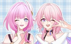Rule 34 | 2girls, ;), absurdres, bare shoulders, black choker, blue background, blue eyes, choker, collarbone, commentary request, cyrene (honkai: star rail), hair ornament, highres, honkai: star rail, honkai (series), jewelry, lilipon, march 7th (honkai: star rail), march 7th (preservation) (honkai: star rail), medium hair, multicolored eyes, multicolored hair, multiple girls, necklace, one eye closed, pink hair, pink pupils, smile, teeth, textless version, twitter username, two-tone eyes, two-tone hair, upper body, upper teeth only, v, v over eye, white hair