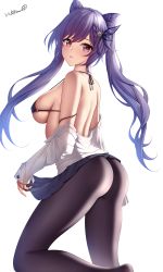 1girl alternate_costume ass back bare_shoulders bikini black_bikini black_pantyhose black_skirt braid breasts cone_hair_bun genshin_impact hair_bun hair_ears hair_ornament halterneck halterneck highres keqing_(genshin_impact) large_breasts leg_up long_hair long_sleeves looking_at_viewer looking_back miniskirt off_shoulder pantyhose parted_lips pink_eyes pleated_skirt purple_hair shirt simple_background skirt solo strap_gap string_bikini swimsuit twintails white_background white_shirt wsman