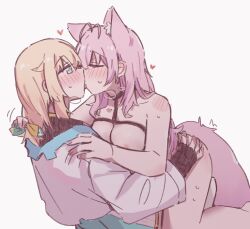 2girls animal_ears blonde_hair blue_eyes blush closed_eyes commentary french_kiss hakui_koyori hand_on_another&#039;s_shoulder hand_on_another&#039;s_waist heart highres hololive hzy_ka jacket kazama_iroha kiss long_hair multiple_girls nipples pink_hair simple_background sweat symbol-only_commentary virtual_youtuber white_background white_jacket wolf_ears wolf_girl yuri