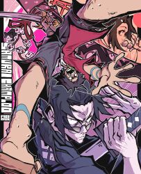 1girl 2boys angry black_hair bracelet brown_eyes brown_hair cat copyright_name dice drawing_sword eating falling ficorkgk food fuu_(samurai_champloo) glasses highres holding_sword jewelry jinnosuke katana mugen_(samurai_champloo) multiple_boys pale_skin samurai_champloo shorts signature sweat sword weapon