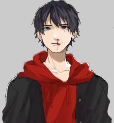 1boy black_hair black_jacket blood collarbone earrings facing_viewer gakuran green_eyes grey_background heterochromia hood hood_down hoodie hypnosis_mic jacket jacket_over_hoodie jewelry looking_up male_focus mole mole_under_eye nosebleed open_mouth red_eyes red_hoodie school_uniform short_hair simple_background sketch solo stud_earrings upper_body urata_(kogasitata) wispy_bangs yamada_ichiro