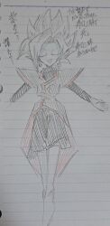 Rule 34 | 1boy, black bodysuit, black pants, bodysuit, boots, chibi, closed eyes, colored skin, dragon ball, dragon ball super, earrings, fused zamasu, green skin, grey eyes, highres, japanese text, jewelry, long sleeves, pants, pointy ears, potara earrings, red sash, sash, solo, spiked hair, traditional media, triangle mouth, v621, white footwear, white hair