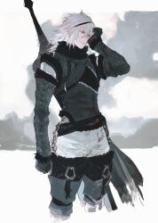 1boy arm_up black_gloves blood blood_on_clothes blood_on_face blue_eyes closed_mouth cropped_legs frown fur-trimmed_collar fur-trimmed_sleeves fur_trim gloves grey_hair highres injury long_hair long_sleeves looking_down male_focus nier nier_(brother) nier_(series) quxiaochong solo sword sword_on_back unfinished weapon weapon_on_back