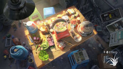 artist_logo can ceiling_light cooking_pot cutting_board food gas_tank highres indoors kettle knife logo meat no_humans original portable_stove scenery sliced_meat stew stool table vegetable xingzhi_lv