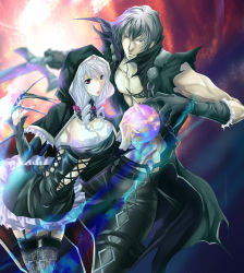 Rule 34 | 1boy, 1girl, black dress, black gloves, black hair, black thighhighs, breasts, claw (weapon), cleavage, coco (eccentricrouge), dress, drill hair, flower, fur trim, garter straps, gloves, gothic lolita, hood, lace, lace legwear, large breasts, lolita fashion, open clothes, orb, patterned legwear, pectorals, red eyes, rose, silver hair, soul calibur, soulcalibur, soulcalibur v, standing, sword, tattoo, thighhighs, vest, viola (soulcalibur), weapon, zwei (soulcalibur)