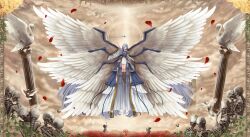 1girl absurdly_long_hair angel_wings arm_up armor bird blue_dress blush boots brown_boots closed_eyes closed_mouth column commentary_request curtained_hair dress falling_petals feathered_wings flying genderswap genderswap_(otf) grey_hair highres long_dress long_hair long_sleeves multiple_wings pauldrons pelvic_curtain petals pillar red_petals sariel_(touhou) scepter seraph shoulder_armor single_pauldron skeleton sky solo swan teruteru12 touhou touhou_(pc-98) upside-down_world very_long_hair white_wings wide_shot wide_sleeves wings