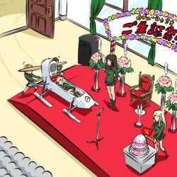 5girls aerosani alina_(girls_und_panzer) birthday birthday_cake black_footwear black_hair black_skirt black_socks blonde_hair bouquet brown_headwear cake character_name clara_(girls_und_panzer) commentary curtains door emblem flower flying_sweatdrops food fur_hat girls_und_panzer green_jacket hairband happy_birthday hat indoors jacket katyusha_(girls_und_panzer) kogane_(staygold) long_hair long_sleeves looking_at_another lying microphone_stand miniskirt multiple_girls nina_(girls_und_panzer) nonna_(girls_und_panzer) on_side pleated_skirt pravda_(emblem) pravda_school_uniform red_shirt school_uniform shirt shoes short_hair skirt sleeping socks speaker standing translated turtleneck ushanka window wooden_chair