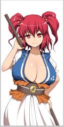 1girl breasts center_opening cleavage closed_mouth collarbone curvy diisuke dress female_focus hair_bobbles hair_ornament hand_on_own_hip large_breasts looking_at_viewer obi onozuka_komachi puffy_short_sleeves puffy_sleeves red_eyes red_hair sash short_hair short_sleeves simple_background smile solo straight-on tachi-e touhou twintails two_side_up white_background
