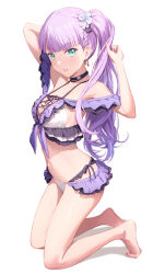 1girl arm_up barefoot bikini black_choker breasts choker earrings flower from_side full_body green_eyes hair_flower hair_ornament highres jewelry kneeling looking_at_viewer love_live! love_live!_superstar!! medium_breasts navel parted_lips purple_hair shamakho side_ponytail simple_background swimsuit wavy_hair white_background wien_margarete