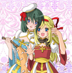 2girls :d arch_bishop_(ragnarok_online) beret blonde_hair blue_dress blue_eyes blush breasts cleavage cleavage_cutout clothing_cutout club club_(weapon) commentary_request cowboy_shot cross dress green_hair green_hat hair_ribbon hairband hat holding_hands interlocked_fingers juliet_sleeves long_hair long_sleeves looking_at_viewer medium_breasts monou0135 multiple_girls open_mouth pink_background puffy_sleeves ragnarok_online red_dress red_hairband red_ribbon ribbon sash small_breasts smile spiked_club two-tone_dress weapon white_dress white_hat yellow_sash