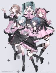 Rule 34 | 5girls, :o, ahoge, aqua eyes, aqua hair, arm at side, asymmetrical legwear, bag, bare shoulders, belt, black belt, black bow, black dress, black nails, black ribbon, black shirt, black shoes, black skirt, black socks, black thighhighs, black trim, blue eyes, blue hair, bow, bow legwear, brown hair, buttons, center frills, clothing cutout, collared shirt, copyright notice, cross-laced clothes, cross-laced skirt, cross-laced slit, detached collar, double-parted bangs, dress, earrings, fishnet socks, fishnets, frilled dress, frilled shirt, frilled socks, frilled thigh strap, frills, from behind, full body, garter straps, grey background, grey eyes, grey hair, hair between eyes, hair bow, hair ornament, hair ribbon, hanasato minori, hand on own chest, hands up, hatsune miku, head tilt, heart, heart earrings, heart tattoo, high-waist skirt, highres, hinomori shizuku, jewelry, jirai kei, karo (karohroka), kiritani haruka, kneehighs, knees together feet apart, long hair, long sleeves, looking at viewer, mary janes, mismatched legwear, momoi airi, more more jump! (project sekai), multiple girls, nail polish, necklace, off-shoulder shirt, off shoulder, open mouth, over-kneehighs, pale skin, parted lips, petticoat, pink bag, pink bow, pink dress, pink hair, pink nails, pink shirt, pink skirt, pink trim, polka dot, polka dot shirt, pom pom (clothes), project sekai, puffy long sleeves, puffy sleeves, red eyes, ribbed socks, ribbon, shirt, shirt tucked in, shoes, short hair, shoulder bag, shoulder cutout, shoulder tattoo, simple background, single garter strap, skindentation, skirt, skirt hold, sleeve bow, sleeveless, sleeveless dress, sleeveless turtleneck, sleeves past wrists, socks, sparkle background, standing, standing on one leg, tattoo, thigh strap, thighhighs, turtleneck, turtleneck dress, twintails, two side up, very long hair, vocaloid, watermark, web address