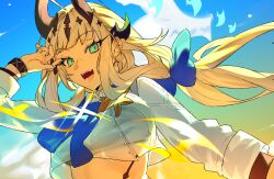 Rule 34 | 1girl, :d, arknights, arm up, blonde hair, blue neckerchief, breasts, brown horns, commentary, crop top, cropped shirt, green eyes, highres, horns, infection monitor (arknights), long hair, long sleeves, looking at viewer, medium breasts, neckerchief, official alternate costume, open mouth, reed (arknights), reed the flame shadow (arknights), reed the flame shadow (summer flower) (arknights), shirt, smile, solo, symbol-only commentary, upper body, white shirt, yun-yang