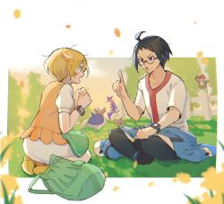 1boy 1girl :o ahoge bianca_(pokemon) black_hair black_pants blonde_hair cheren_(pokemon) commentary day dress eye_contact falling_petals fence gen_5_pokemon glasses grass green_bag green_eyes green_hat hand_up hat index_finger_raised jacket liepard lillipup looking_at_another miiyokoe nintendo open_mouth orange_vest outdoors pants patrat petals pokemon pokemon_(creature) pokemon_bw semi-rimless_eyewear shirt short_hair short_sleeves sitting socks stoutland sweat symbol-only_commentary teeth unworn_hat unworn_headwear unworn_jacket upper_teeth_only vest white_dress white_shirt xtransceiver