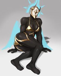 1boy artist_name bare_arms bare_legs bare_shoulders barefoot bikini black_skin body_markings colored_skin english_text fake_horns feet full_body gabriel_(ultrakill) gold_bikini golden_week halo helmet highres horned_helmet horns riinchu shadow simple_background solo swimsuit trap ultrakill white_helmet wings