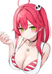 1girl ahoge blush bra breasts cleavage closed_mouth green_eyes hair_between_eyes hair_ornament hand_up highres hololive large_breasts long_hair nyan_(reinyan_007) red_hair sakura_miko simple_background skull_hair_ornament solo striped_bra striped_clothes underwear upper_body virtual_youtuber white_background
