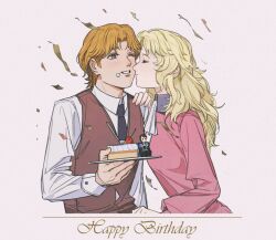 1boy 1girl ascot blonde_hair blue_necktie blush breasts cake cake_slice cherry chinese_commentary closed_eyes collared_shirt commentary_request confetti couple cropped_torso curtained_hair erhuazi917 evangeline_mittermeyer film_grain food food_on_face fork fruit ginga_eiyuu_densetsu grey_eyes grin hair_over_shoulder hand_on_another&#039;s_shoulder happy_birthday hetero high_collar highres holding holding_plate husband_and_wife icing_on_face imminent_kiss long_hair long_sleeves looking_ahead necktie one_eye_closed pink_shirt plate red_vest shirt short_hair sidelocks simple_background small_breasts smile teeth upper_body vest white_ascot white_background white_shirt wing_collar wolfgang_mittermeyer